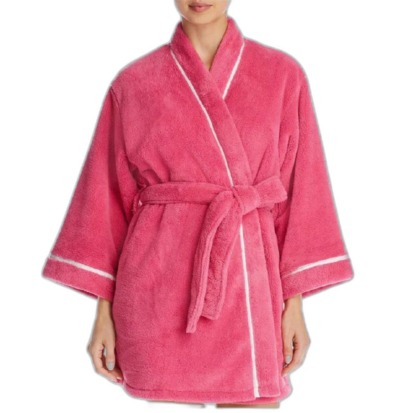 KATE SPADE Plush Robe, M, Bold Pink, Wrap Front, Sash Belt, Fuzzy, Washable - Picture 14 of 14